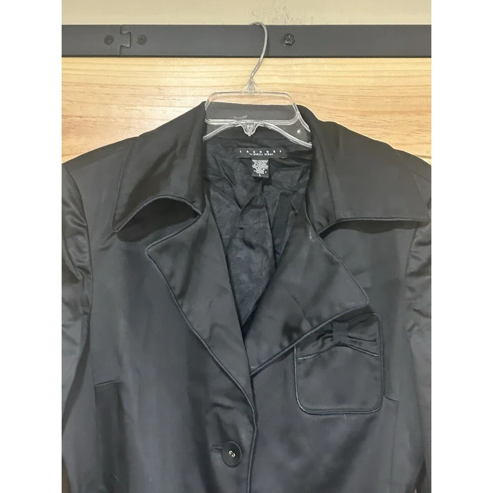 Laundry By Shelli Segal Trench Coat Jacket Belted Pockets Bow Pattern Black L